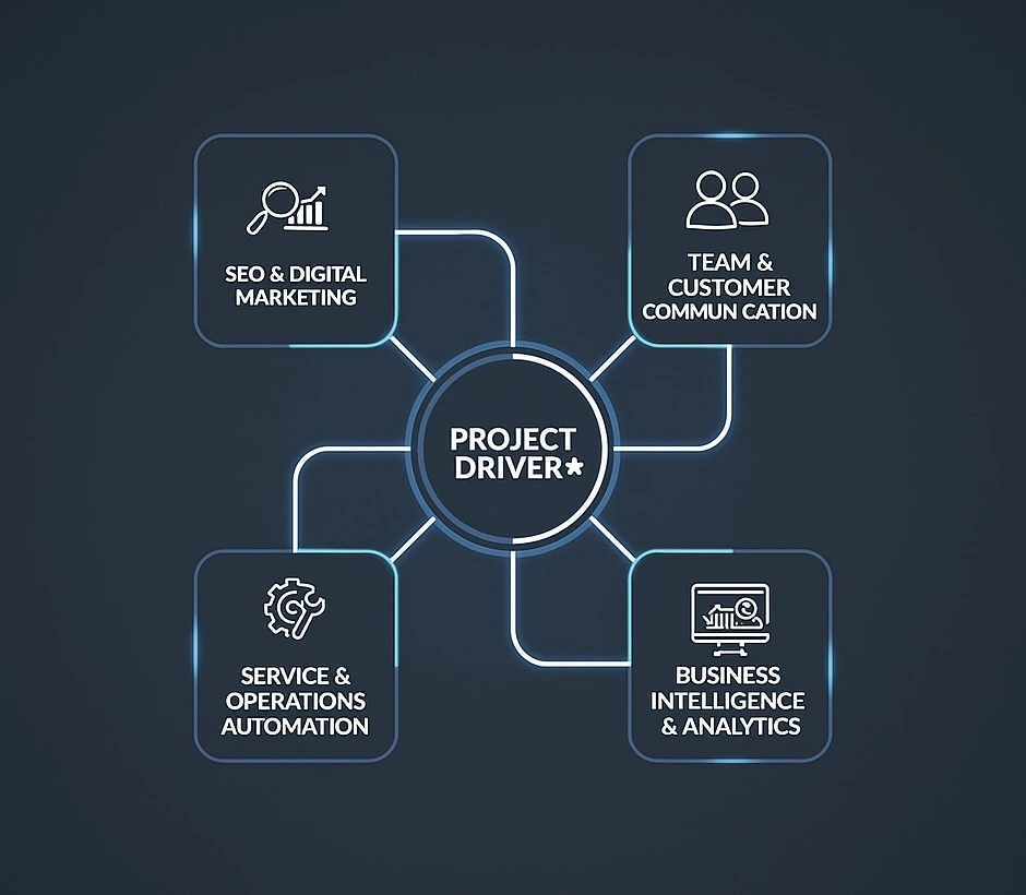 Diagram showing Project Driver at the center connecting SEO and digital marketing, team and customer communication, service and operations automation, and business intelligence and analytics.