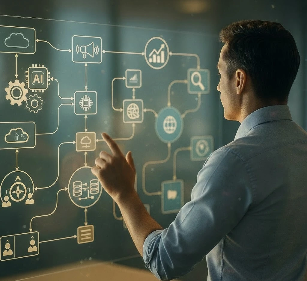 Professional analyzing connected business systems on a digital screen representing operations, workflow automation, cloud communications, SEO, and strategy integration by Project Driver.