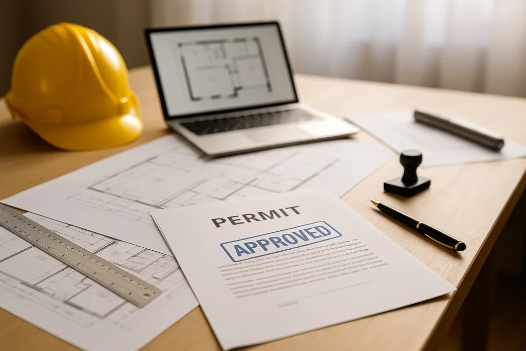 Architectural blueprints, &ldquo;Approved&rdquo; permit stamps, and a laptop with zoning plans representing a successful regulatory project in Fort Lauderdale.